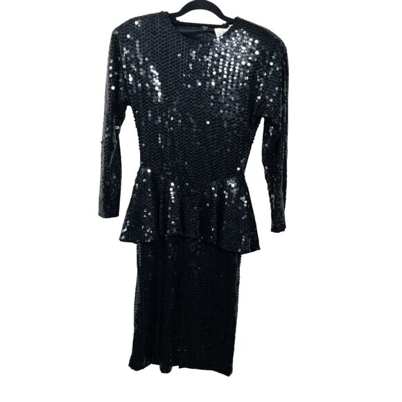 Vintage Black Sequin Peplum Long Sleeve Dress By Chaozhou Hand Stitched Embroide - Picture 5 of 11